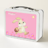 Niedlicher Hase, Blume und Stern pink Metall Brotdose (Rückseite)