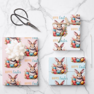 Niedlicher Hase Bunte Eier Blumen Frohe Ostern Geschenkpapier Set