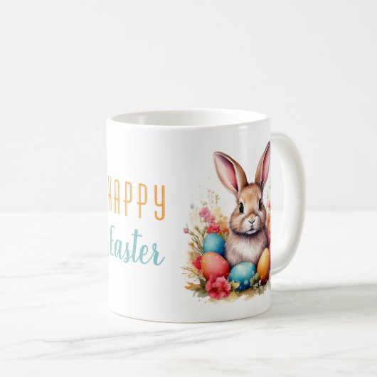 Niedlicher Hase Bunte Eier Blumen Frohe Ostern Kaffeetasse (VorderseiteRechts)
