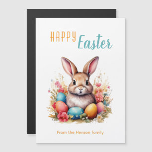 Niedlicher Hase Bunte Eier Blumen Frohe Ostern Magnetkarte