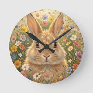 Niedlicher Hase in einer lebendigen Blumenwiese Runde Wanduhr