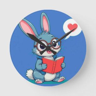 Niedlicher Hase mit Brille beim Lesen eines Buches Runde Wanduhr