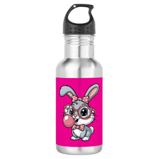 Niedlicher Hase mit Brille, der Kaugummi bläst Edelstahlflasche