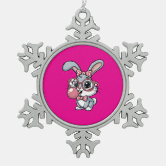 Niedlicher Hase mit Brille, der Kaugummi bläst Schneeflocken Zinn-Ornament