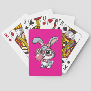 Niedlicher Hase mit Brille, der Kaugummi bläst Spielkarten