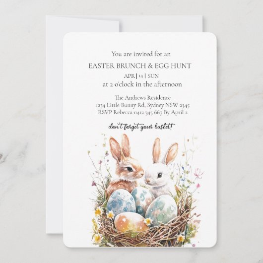 Niedlicher Hase mit dekorativer Vogeljagd und Nest Einladung (Vorderseite)