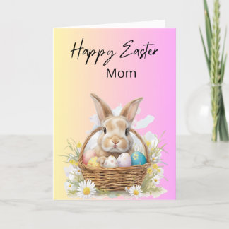 Niedlicher Hase mit Eierkörben, rosa und gelb Feiertagskarte