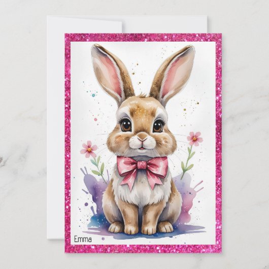 Niedlicher Hase mit rosa Buggeburt Einladung (Vorderseite)