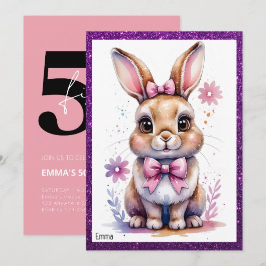 Niedlicher Hase mit rosa Buggeburt Einladung (Vorne/Hinten)