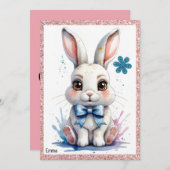 Niedlicher Hase mit rosa Buggeburt Einladung (Vorne/Hinten)