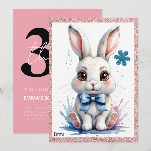 Niedlicher Hase mit rosa Buggeburt Einladung (Vorne/Hinten)