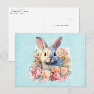 Niedlicher Hase mit Rosengirlande Postkarte