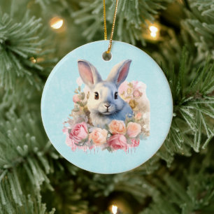 Niedlicher Hase mit Rosenkranz Keramik Ornament