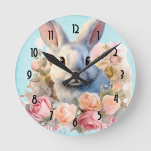 Niedlicher Hase mit Rosenkranz Runde Wanduhr