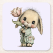 Niedlicher Hase mit Tulpe Rechteckiger Pappuntersetzer (Vorderseite)