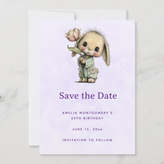 Niedlicher Hase mit Tulpe Save The Date (Vorderseite)
