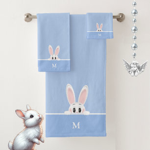 Niedlicher Hase & Monogramm auf Hellblau Badhandtuch Set