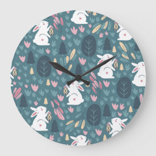Niedlicher Hase: vintage nahtloses Druckmuster. Große Wanduhr