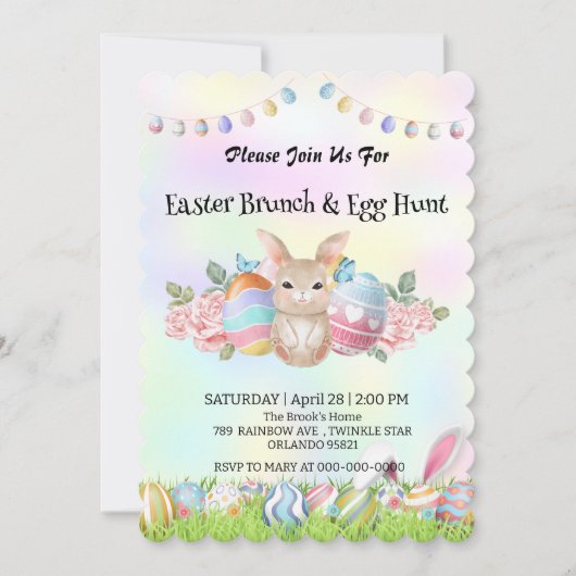 Niedlicher Hasen auf der Jagd auf Ei Happy Osterta Einladung (Vorderseite)