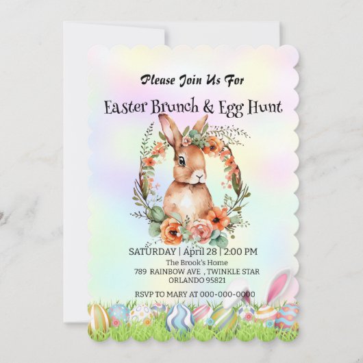 Niedlicher Hasen auf der Jagd auf Ei Happy Osterta Einladung (Vorderseite)