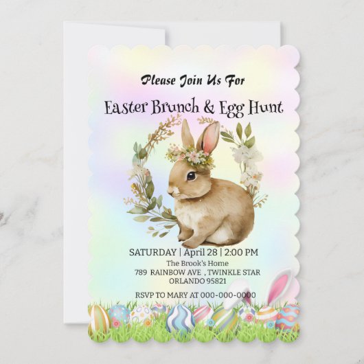 Niedlicher Hasen auf der Jagd auf Ei Happy Osterta Einladung (Vorderseite)