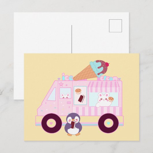 Niedlicher Hasen-Eis-Lkw, blau und rosa Postkarte (Vorne/Hinten)
