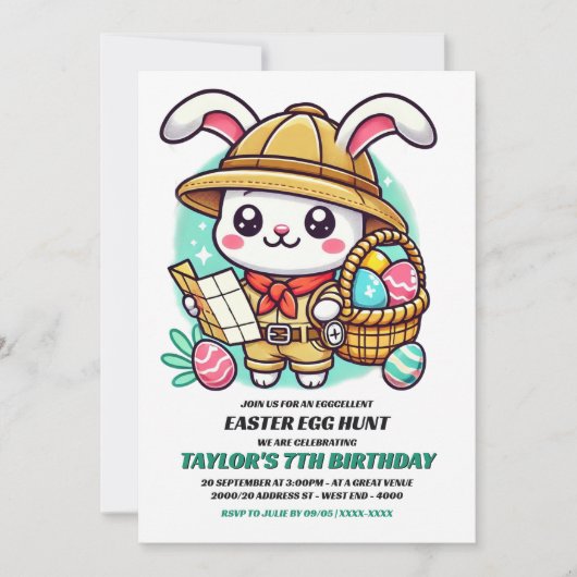 Niedlicher Hasen-Explorer Ostereier Jagd Geburtsta Einladung (Vorderseite)