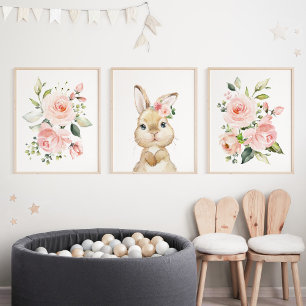 Niedlicher Hasen, Kaninchen, rosa Blume, Girl-Kind Bilderwand Sets