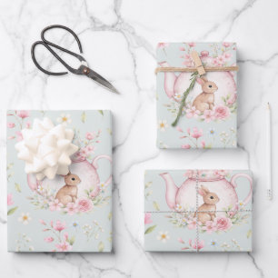 Niedlicher Hasen-Teekanne Rosa Blumenmuster Geschenkpapier Set