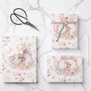 Niedlicher Hasen Teekanne Rosa Blumenmuster  Geschenkpapier Set