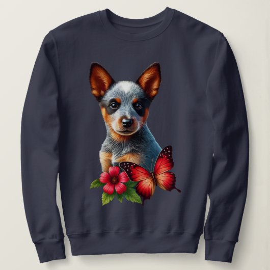 Niedlicher Heeler Welpe mit Schmetterling und Blum Sweatshirt (Design vorne)
