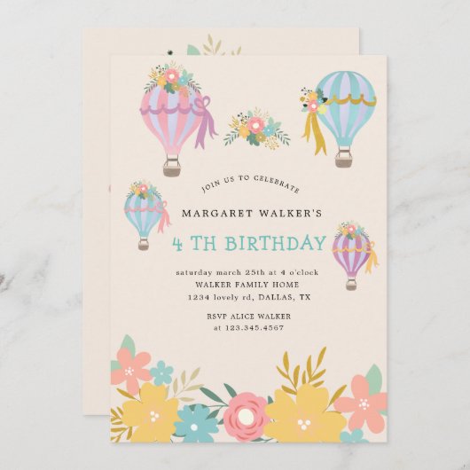 niedlicher Heißluftballon Geburtstag Einladung (Vorne/Hinten)
