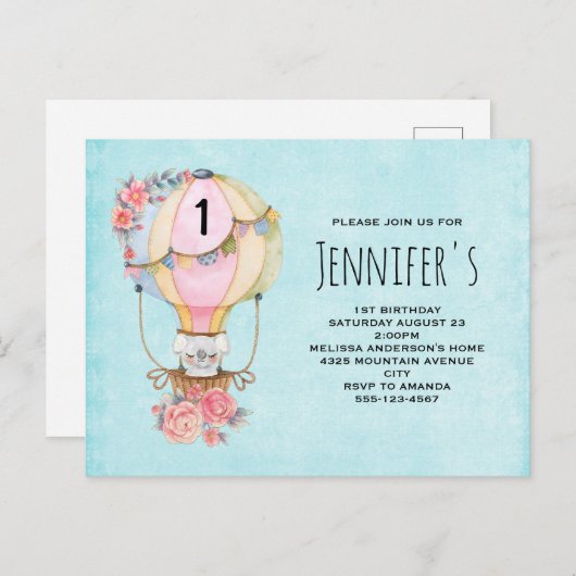 Niedlicher Heißluftballon mit Bärenwasser Geburtst Einladungspostkarte (Vorne/Hinten)