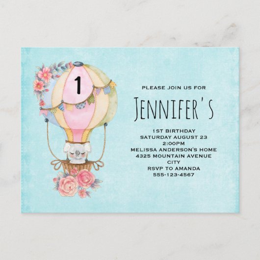 Niedlicher Heißluftballon mit Bärenwasser Geburtst Einladungspostkarte (Vorderseite)