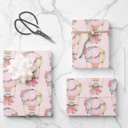 Niedlicher Heißluftballon mit Bärenwasser Geschenkpapier Set (Vorderseite)