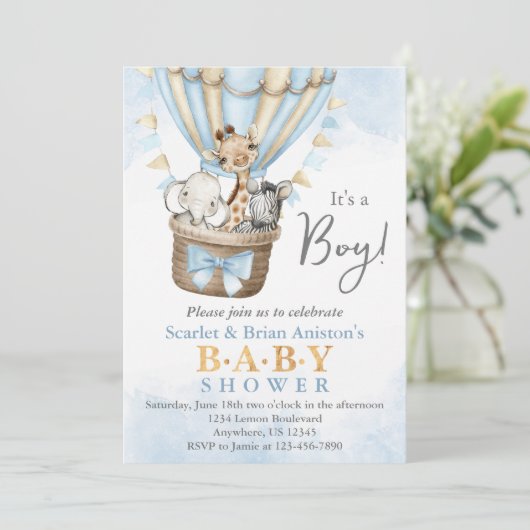 Niedlicher Heißluftballon Safari Tiere Kinderdusch Einladung (Stehend Vorderseite)