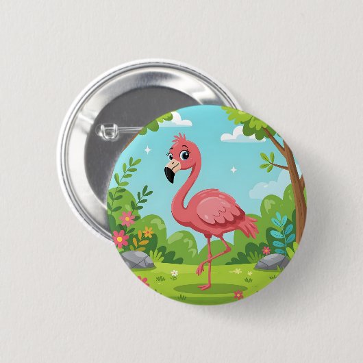 Niedlicher, hellrosa Flamingo im Garten Button (Vorne & Hinten)