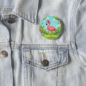 Niedlicher, hellrosa Flamingo im Garten Button (Beispiel)