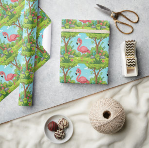 Niedlicher, hellrosa Flamingo im Garten Geschenkpapier