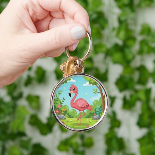 Niedlicher, hellrosa Flamingo im Garten Schlüsselanhänger (Hand)