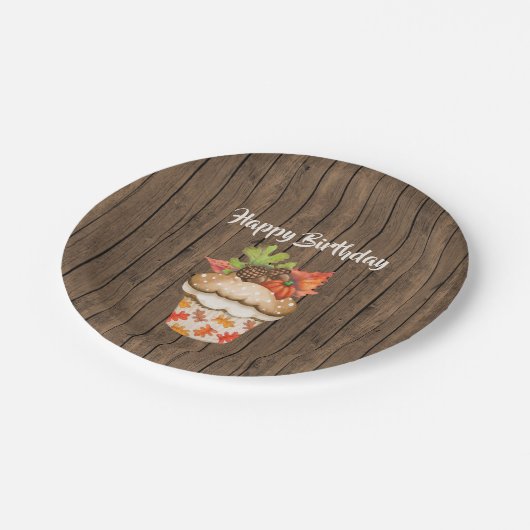 Niedlicher Herbstkuchen auf Holzfall glücklich Geb Pappteller (Schrägansicht)