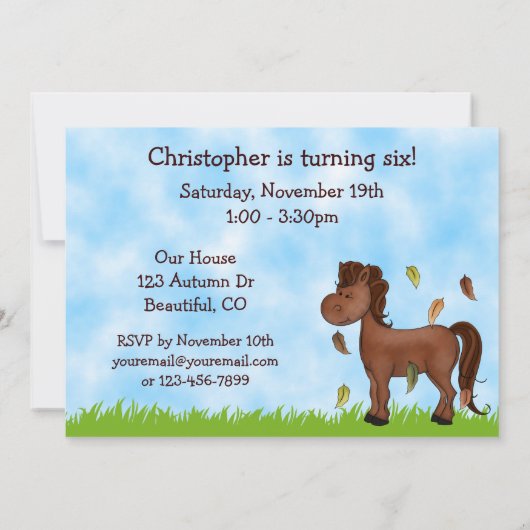 Niedlicher Herbstpony mit Herbstpferd Einladung (Rückseite)