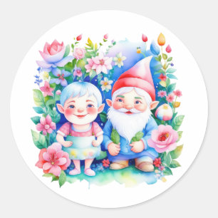 Niedlicher Herr und Frau Garden Gnomes mit Blume Runder Aufkleber