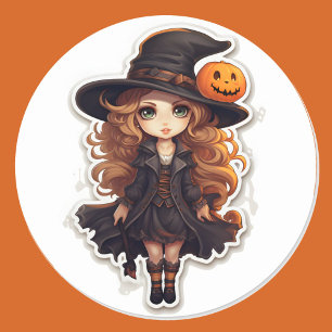 Niedlicher Hexe- und Kürbisklotz-Trick oder Treat Runder Aufkleber