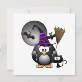 Niedlicher Hexenpinguin mit Halloween-Szene Einladung