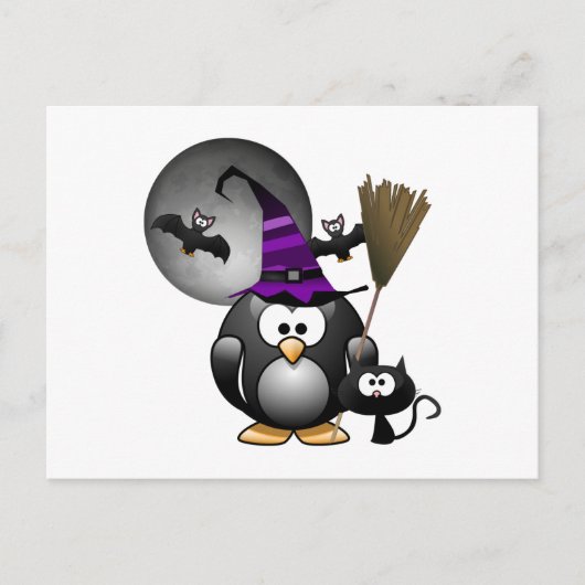 Niedlicher Hexenpinguin mit Halloween-Szene Postkarte (Vorderseite)