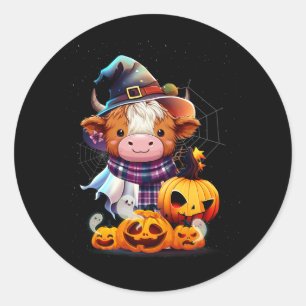Niedlicher Highland Cow Pumpkin Western Halloween Runder Aufkleber