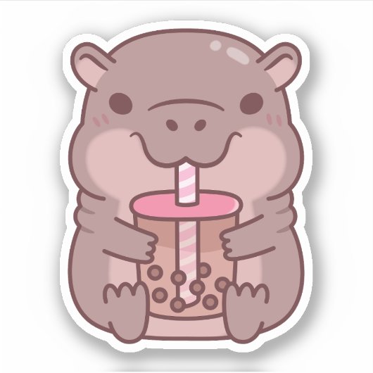 Niedlicher Hippo Drinking Bubble Tee Aufkleber (Vorderseite)