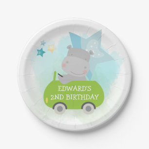 Niedlicher Hippo Green Car Name Boy Birthday White Pappteller