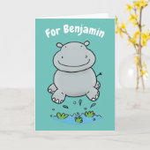 Niedlicher Hippo Springen Cartoon personalisierter Karte (Gelbe Blume)